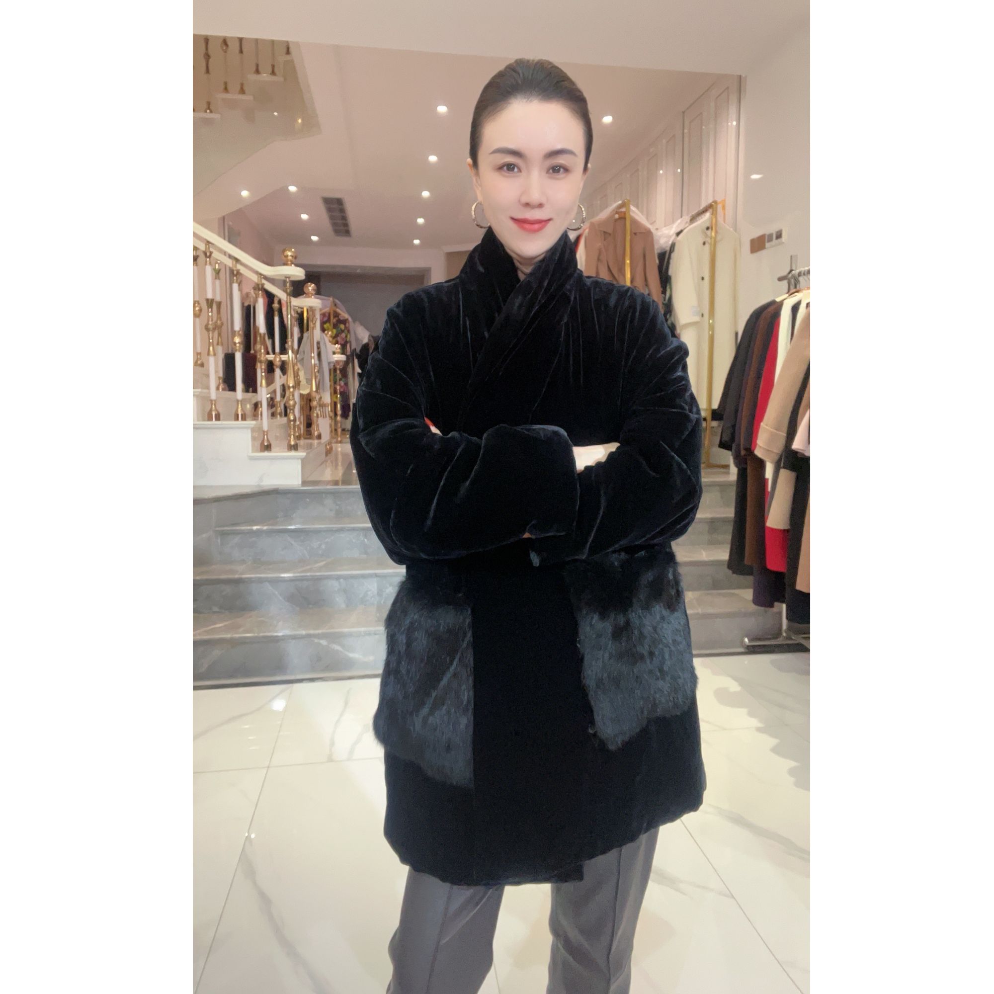 6211【100%桑蚕丝】研家轻奢桑真丝丝绒棉服中长款外套