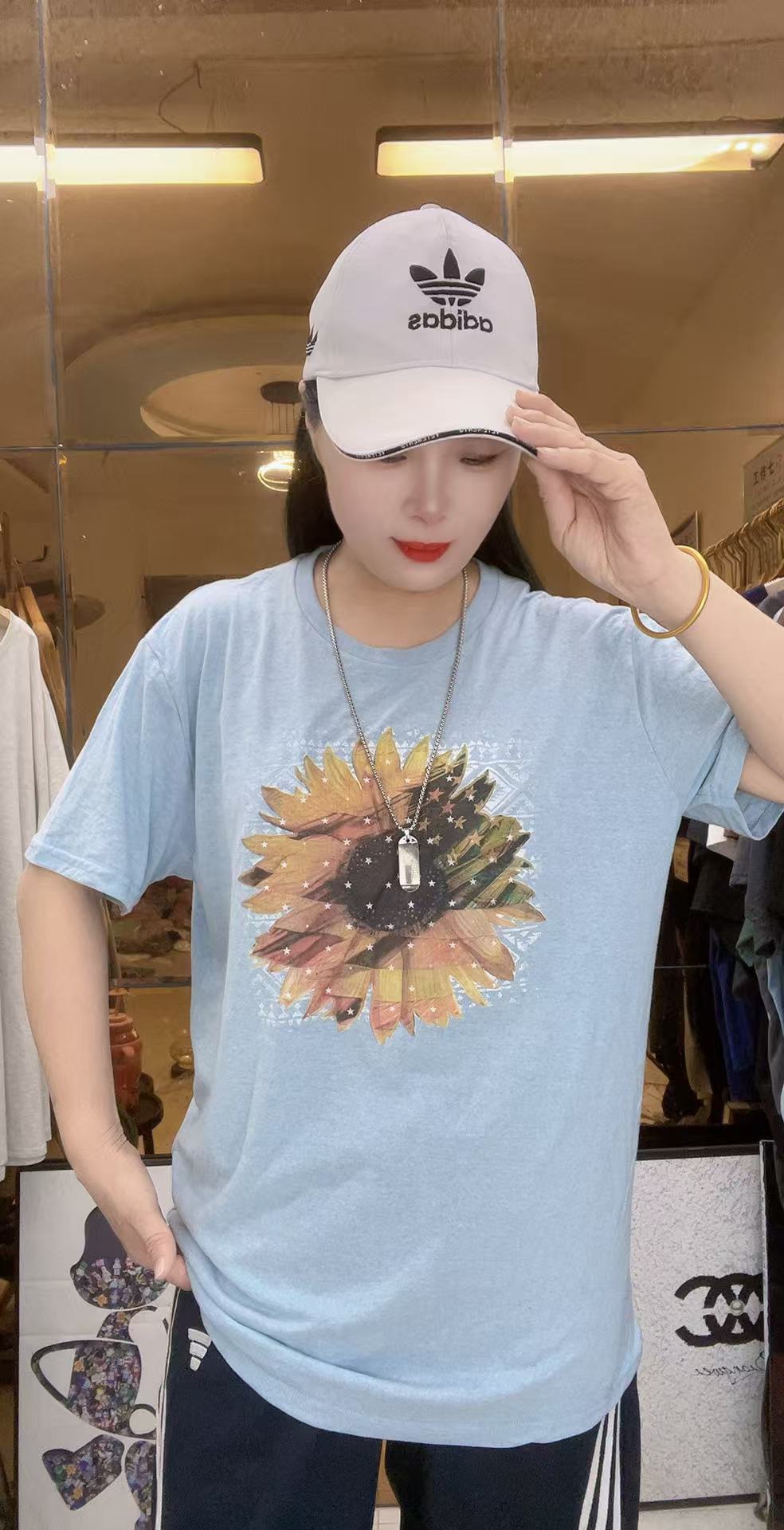 外贸高品质纯棉T恤雾霾蓝小黄花