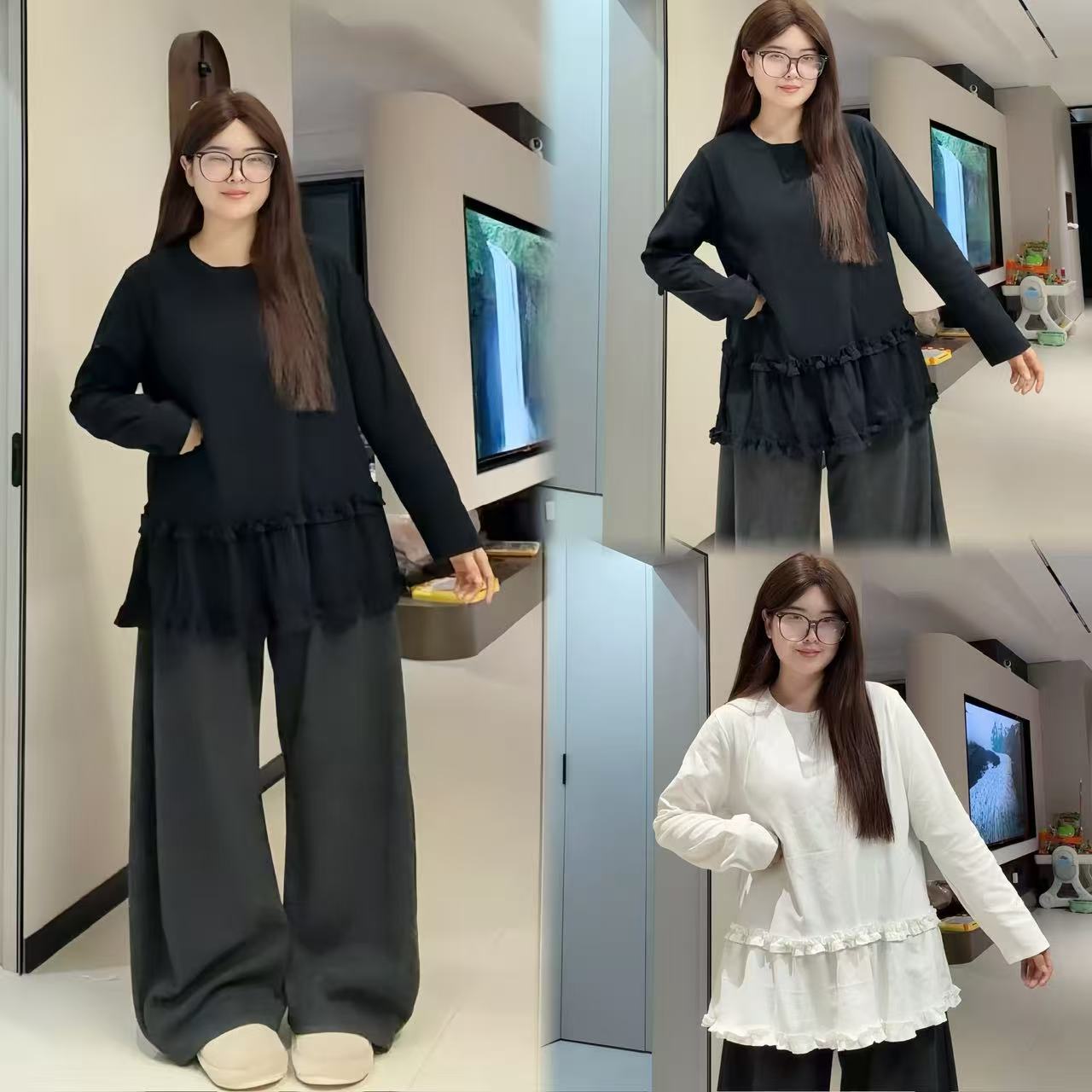 新款大码胖MM木耳边气质圆领长袖百搭打底T恤通勤风宽松显瘦上衣