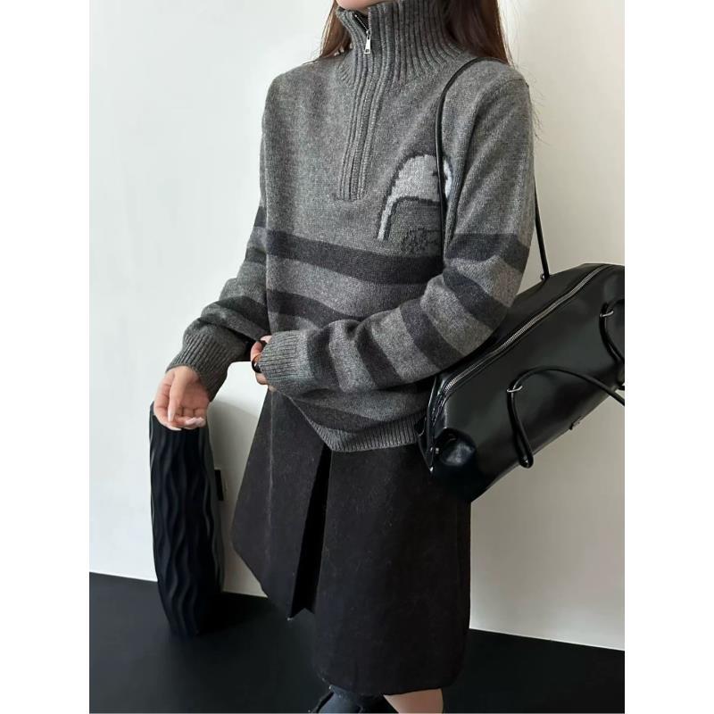 69012#冬季显瘦百搭宽松半拉链半高领条纹保暖套头卡通