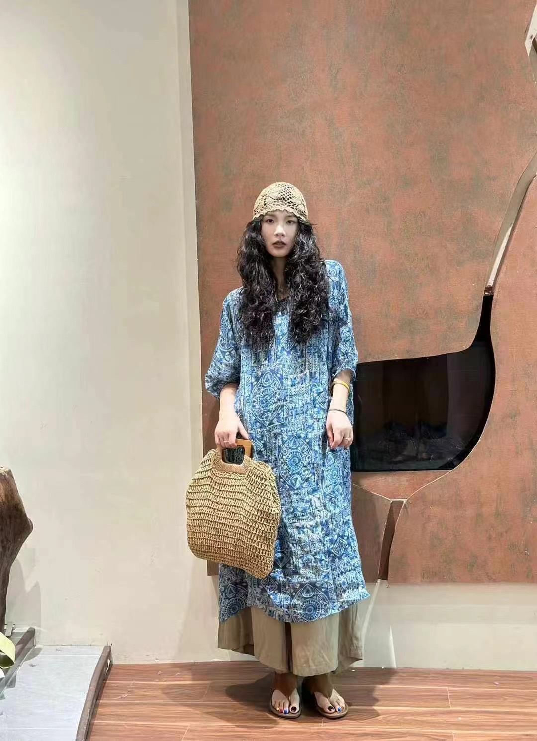 新中式女装连衣裙ZM51183国风复古苎麻印花宽松显瘦百搭盘扣袍子