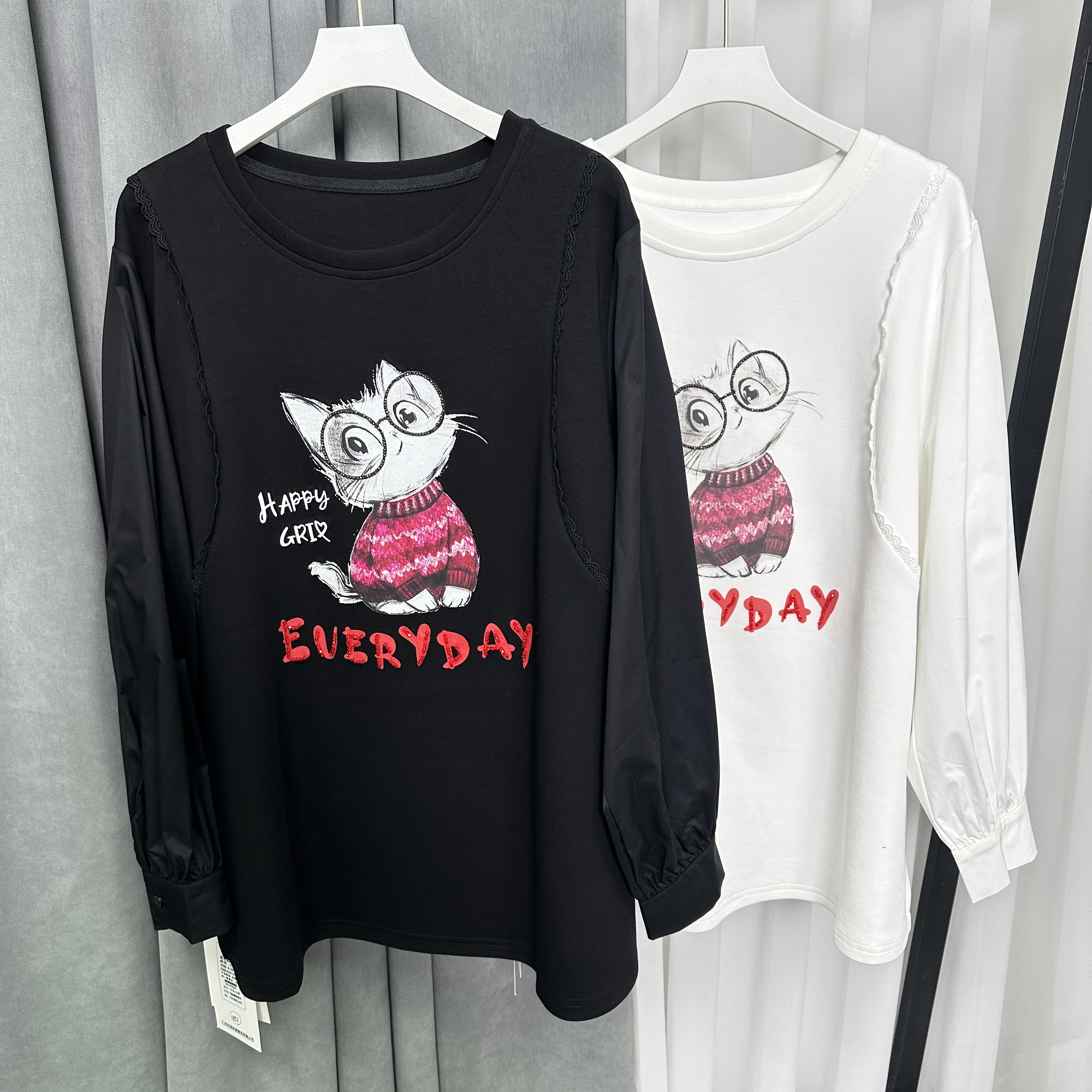 【流依涵】26春季新款卡通衬衫袖拼接大版T恤-88091