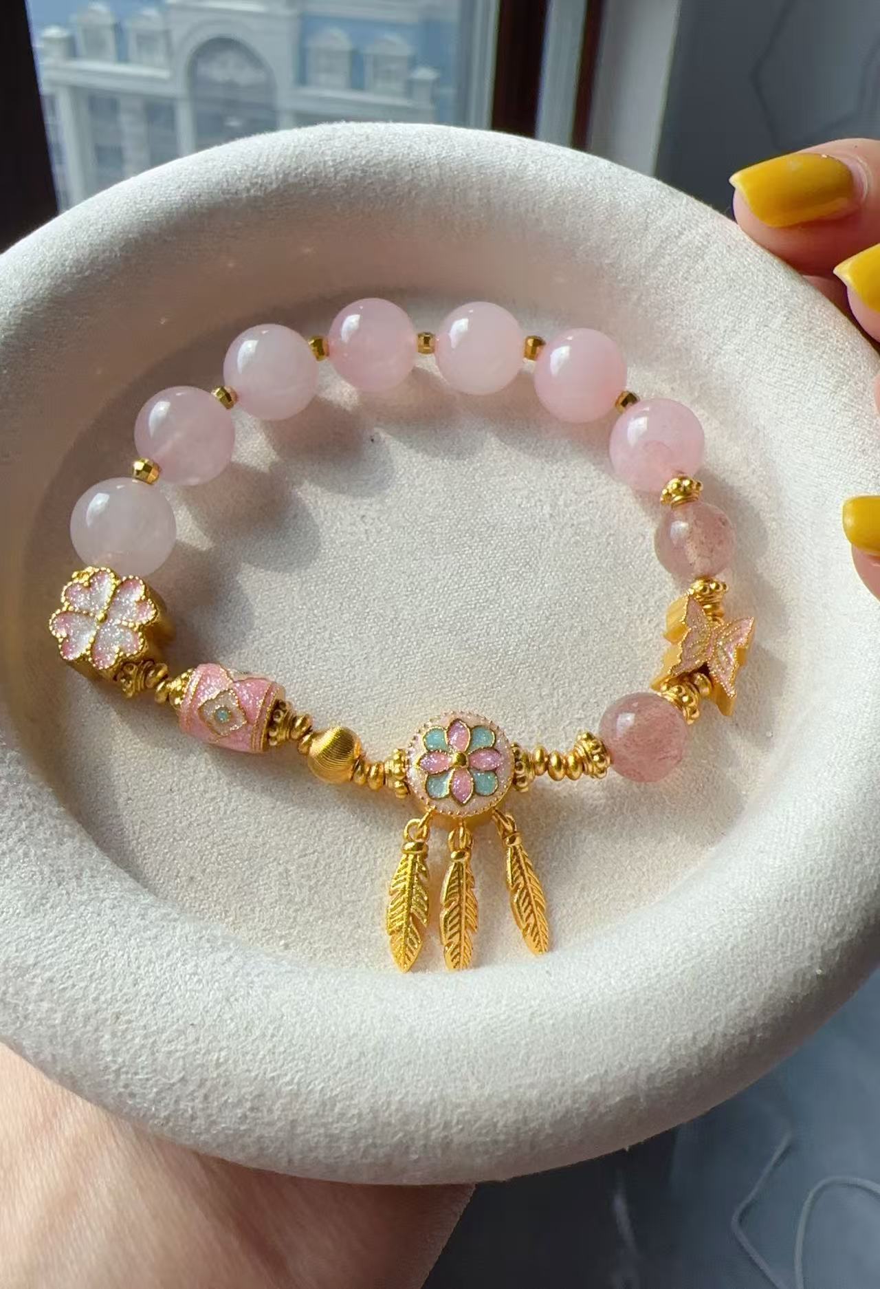 铜合金珐琅手链 SQ思岐新中式-捕梦网桃花蝴蝶粉水手链6051