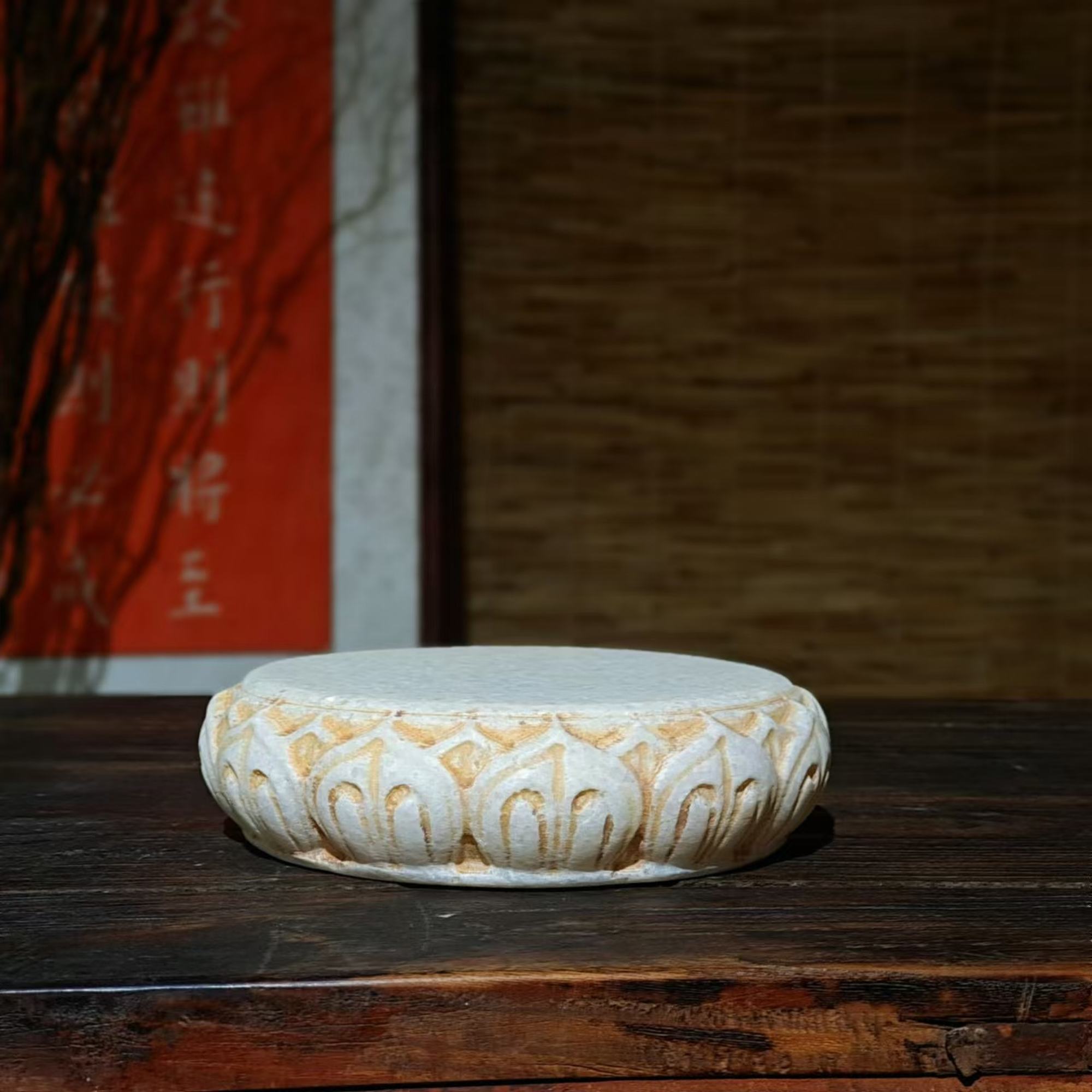 汉白石双层莲底座19厘米│茶室会所客厅桌面摆件底座造景家居摆件