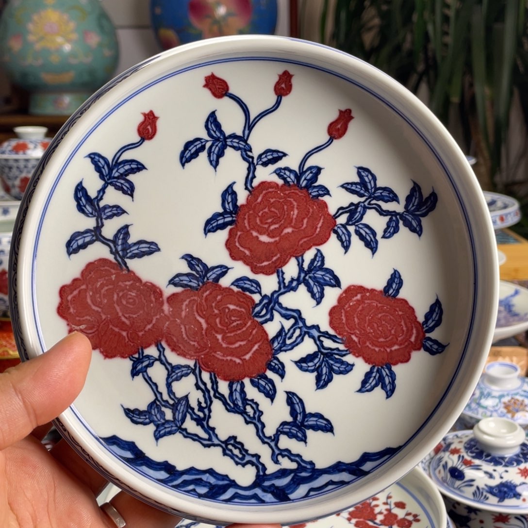 釉里红月季花壶承