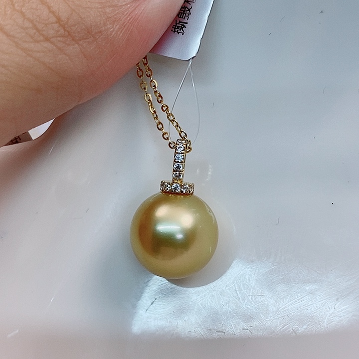 海水珍珠吊坠(不含链)18K金镶嵌南洋金珠13-14mm