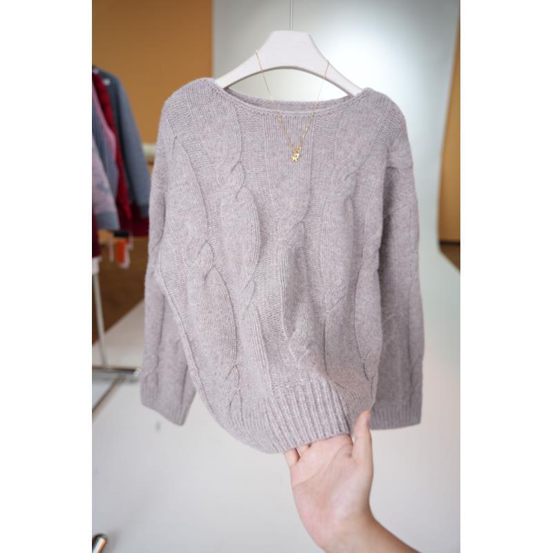 【星】米咖色时尚百搭宽松气质小一字领羊毛衣慵懒风女士秋冬