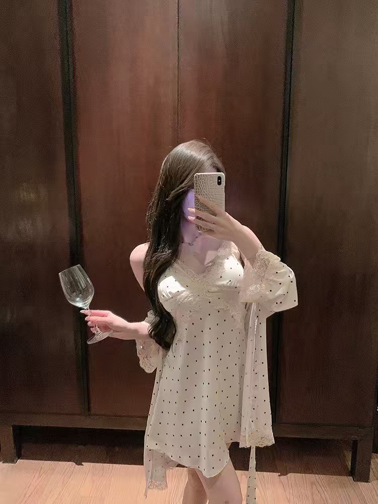 女成人夏季纯色吊带花边长袖睡裙法式气质薄款休闲