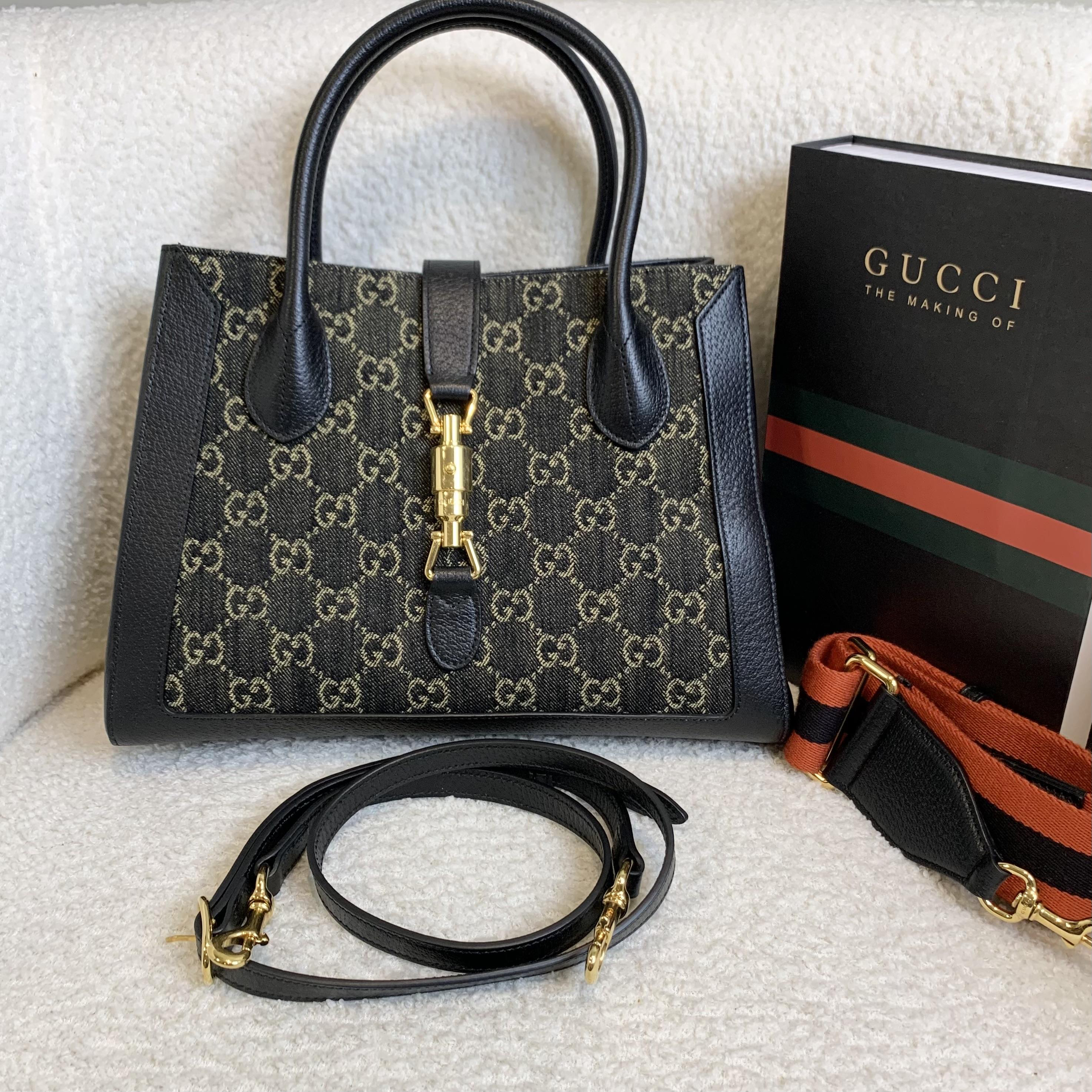 99新 GUCCI/古驰 壹臻/黑色帆布拼皮老花1961 tote中号/54911121
