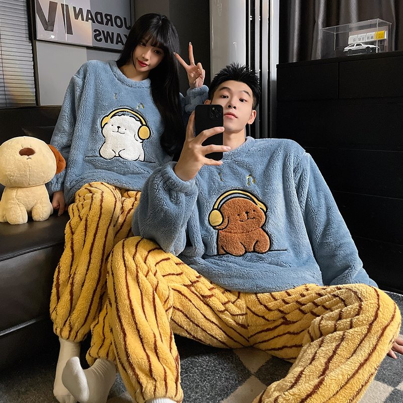线条狗冬季珊瑚绒情侣睡衣套装卡通大码加厚保暖一男一女家居服