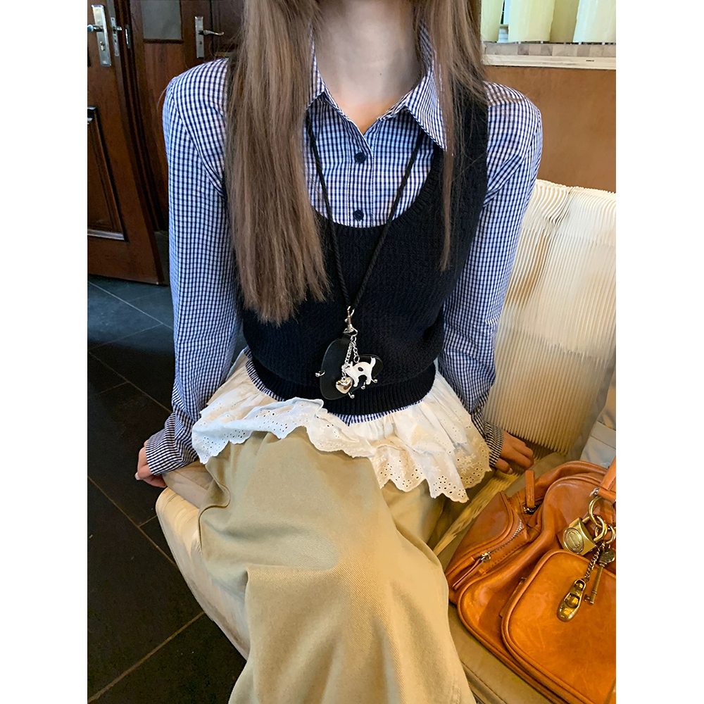 蕾丝拼接下摆格子衬衫女+外搭针织衫背心  60326