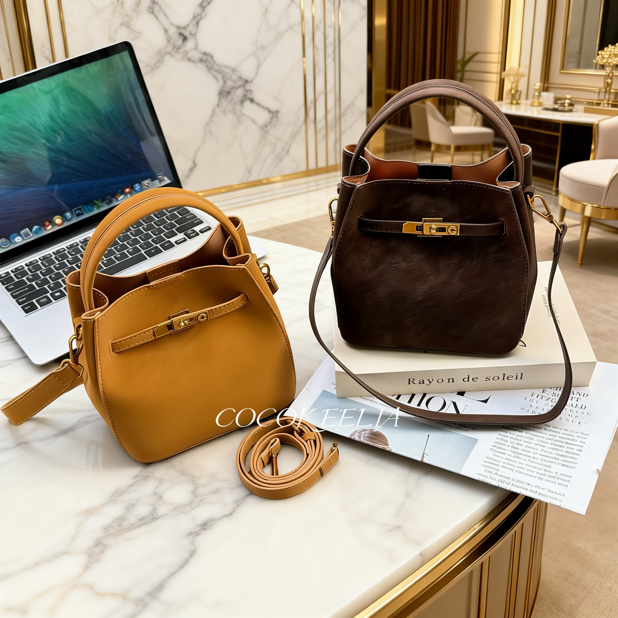 【雾面】小众复古擦色磨砂皮凯莉包包女锁扣小水桶包百搭手拎斜挎包