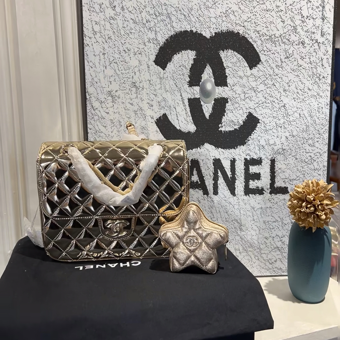 99新 Chanel/香奈儿 24c 星星双肩包金色漆皮双肩包 芯片款92503