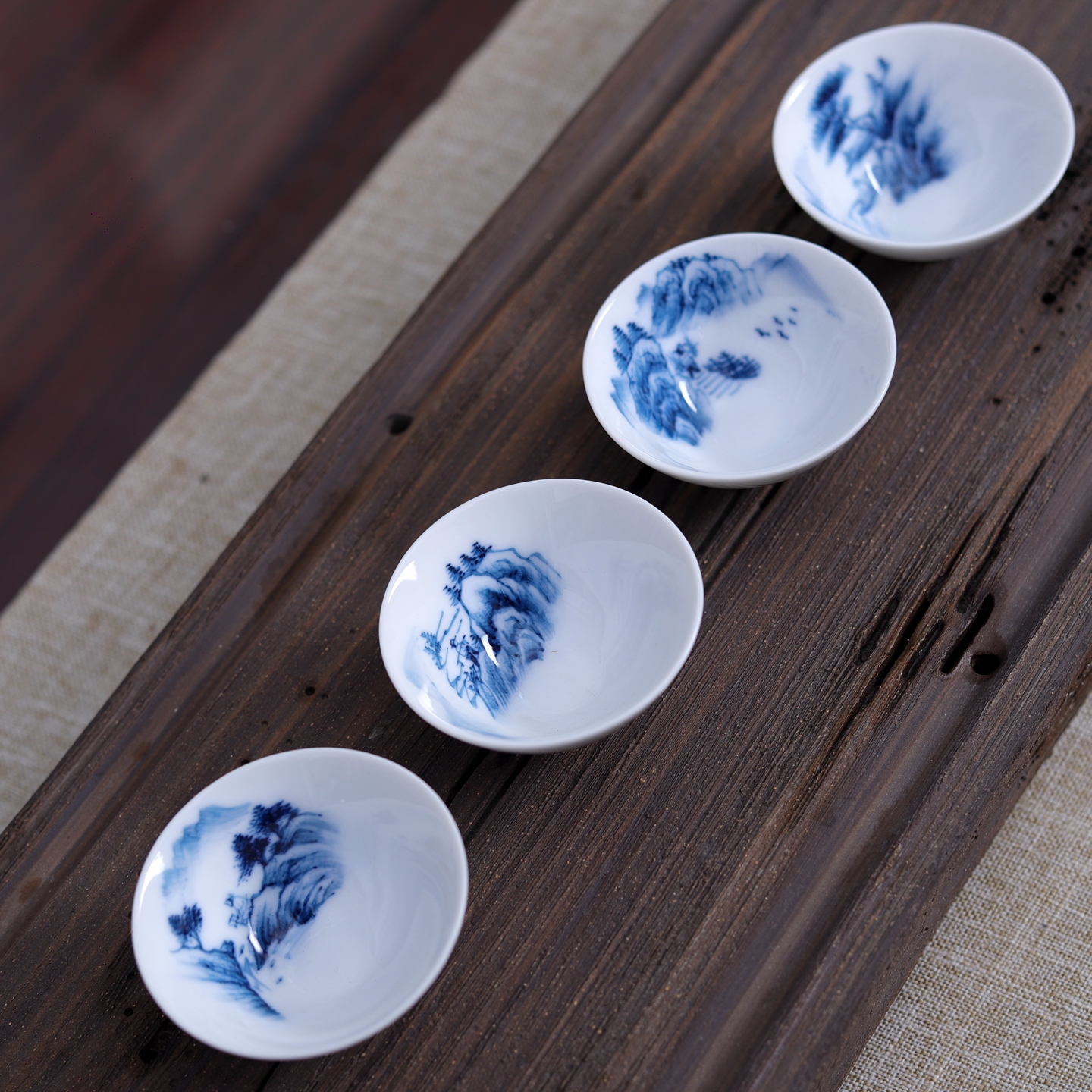 亦紫陶手绘青花瓷山水渔樵耕读四色斗笠杯潮汕功夫茶小茶碗品茗杯