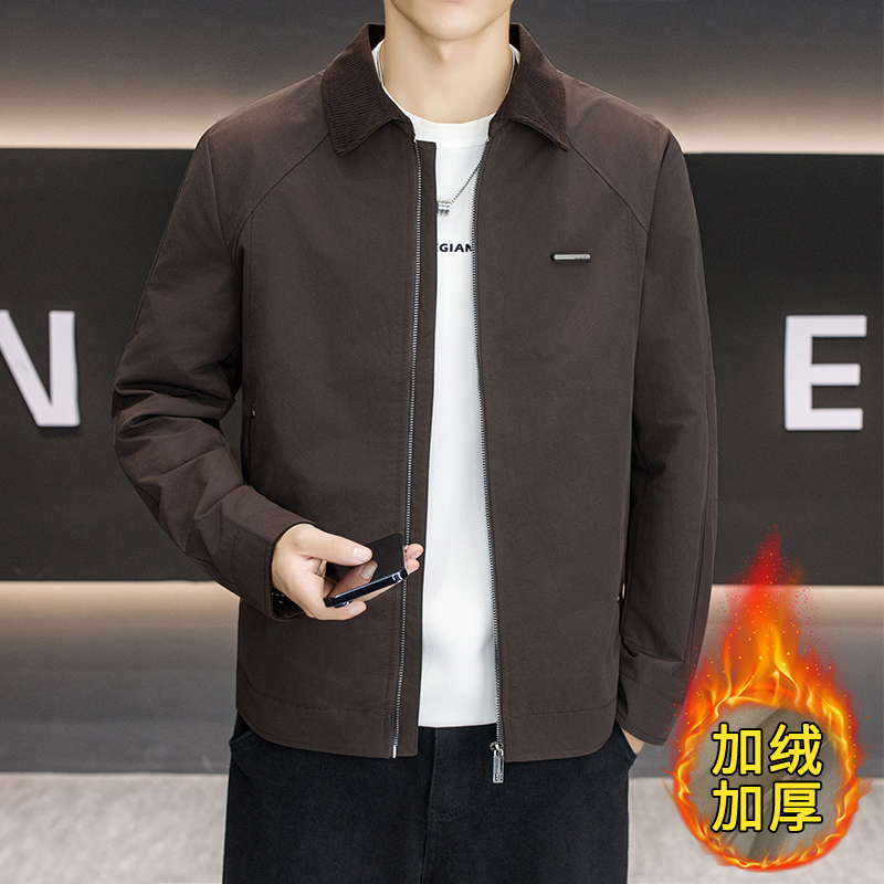老人头2025新款男士夹克外套男款加绒加厚季休闲百搭翻领上衣男装