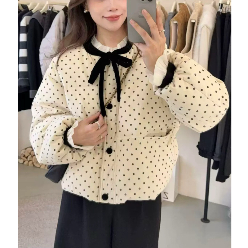 【运补6】韩系小清新系带棉服女2025冬季新款甜美减龄保暖宽松棉衣