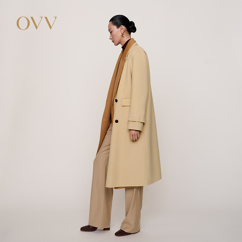 OVV秋冬新款女装复古双排扣高支羊毛通勤长款经典大衣