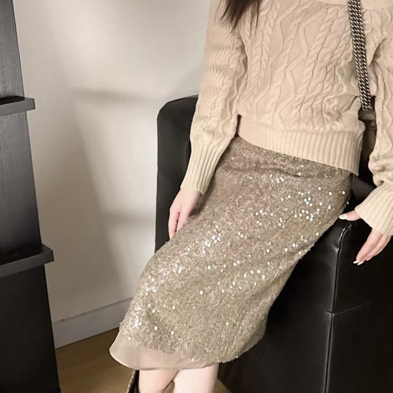 ODUOER【实体同款】轻奢高级感亮片加绒半身裙女氛围感圣诞年会长裙