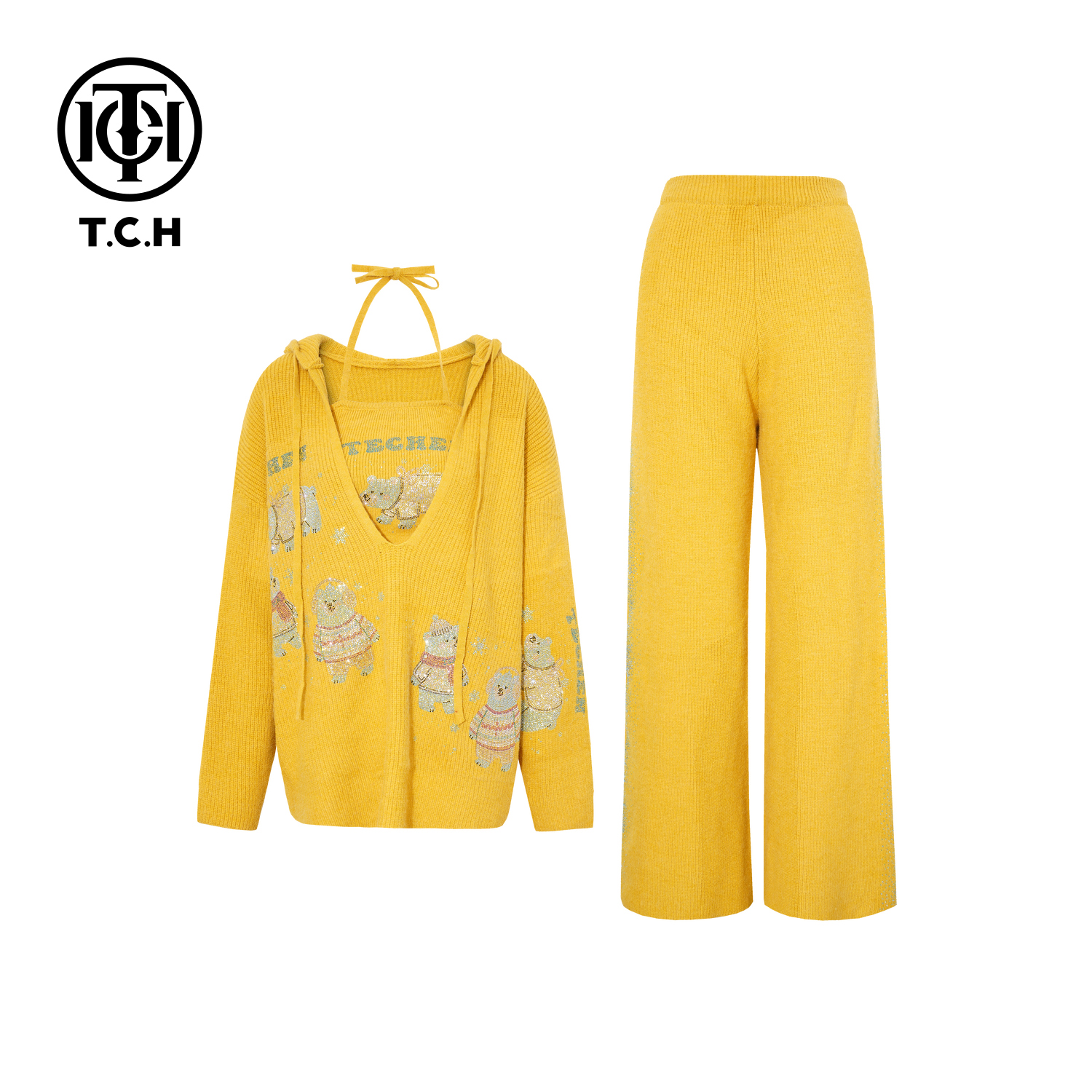 TCH【时尚百搭】冬款时尚烫钻黄色休闲风女装套装T75D07E5021