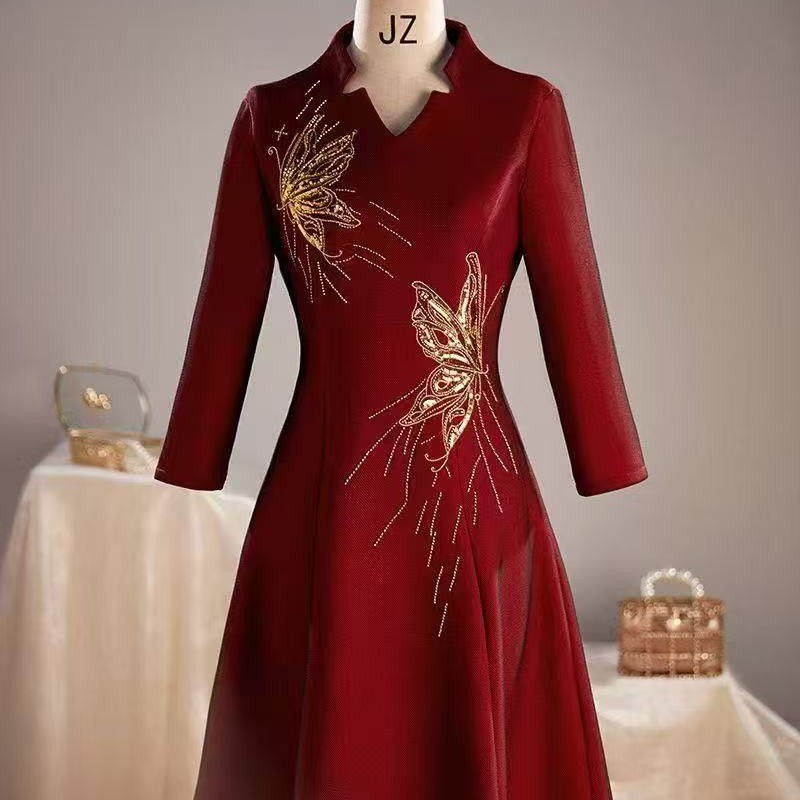 春秋款黑纱网格大摆喜妈妈回门生日宴会2025红装旗袍高贵秋冬红色