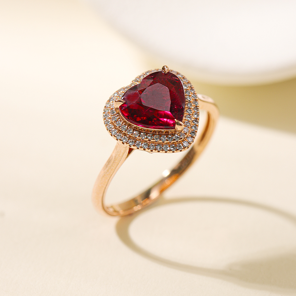 18K金碧玺戒指1.7ct 天然卢比来红爱心桃心精切工 520精选礼物