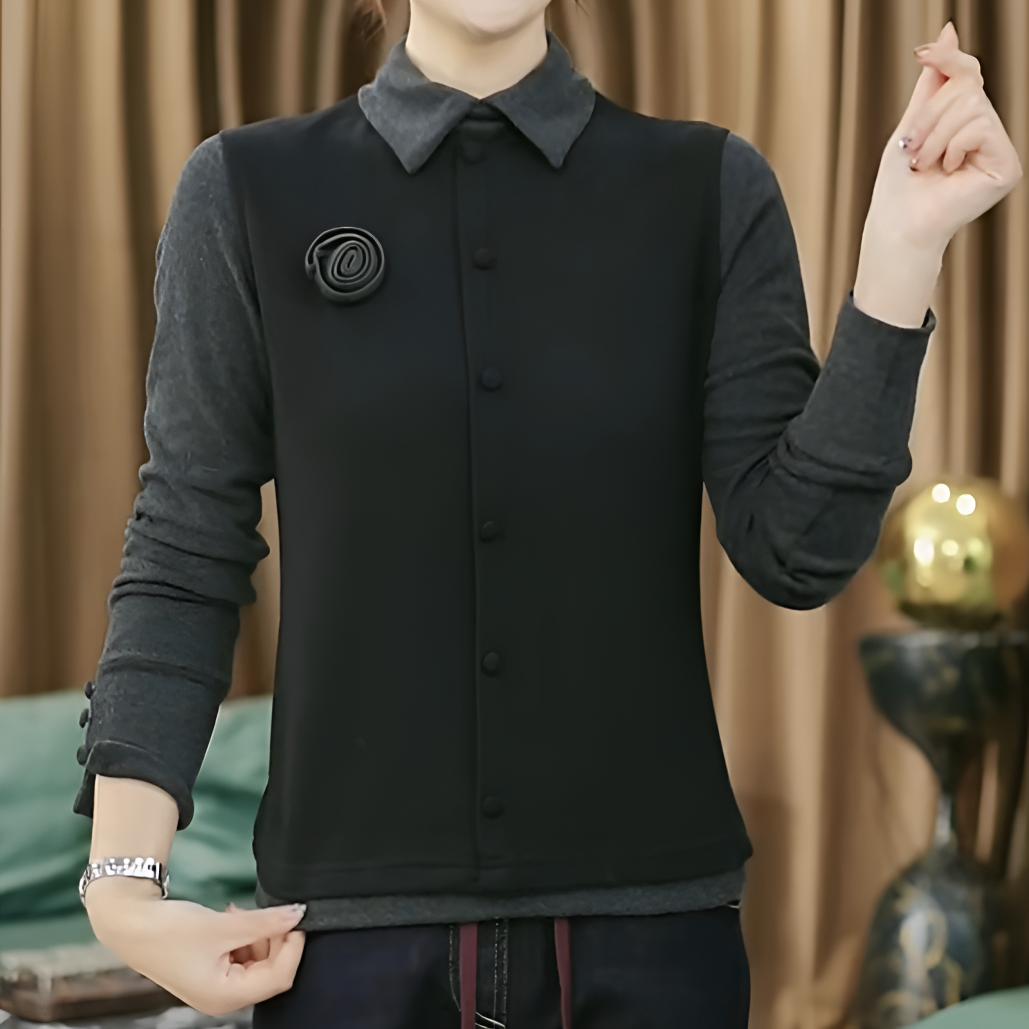 2025秋冬新款双面绒设计感翻领打底衫时尚气质洋气百搭拼接上衣女