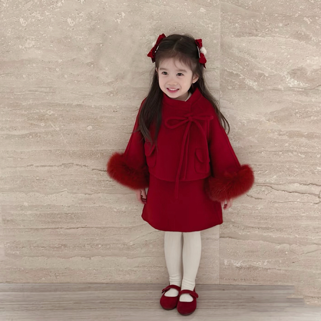 狐狸毛）壹妈童装拜年服小香风冬女宝宝新年喜庆红色外套连衣裙