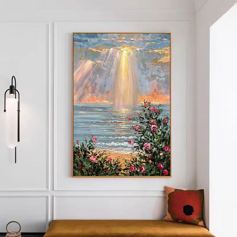 雨过天晴美式复古玫瑰客厅背景墙肌理金沙装饰画玄关竖版180120