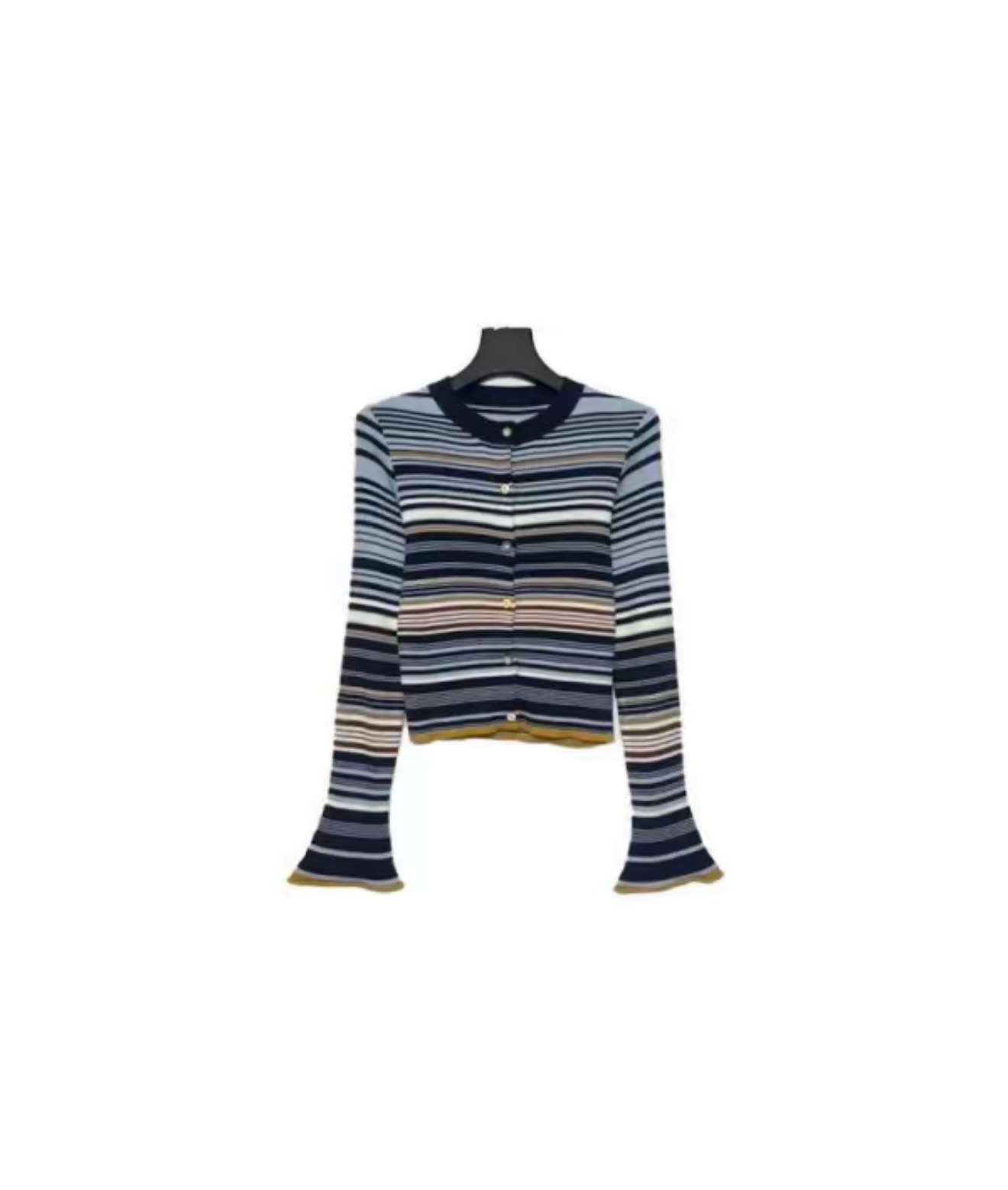 澜森深圳南油小众设计师新品蓝条纹喇叭袖针织开衫