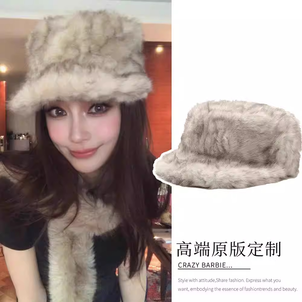 Angelababy杨颖同款古早辣妹毛绒帽子女冬时尚贝雷帽仿皮草平顶帽