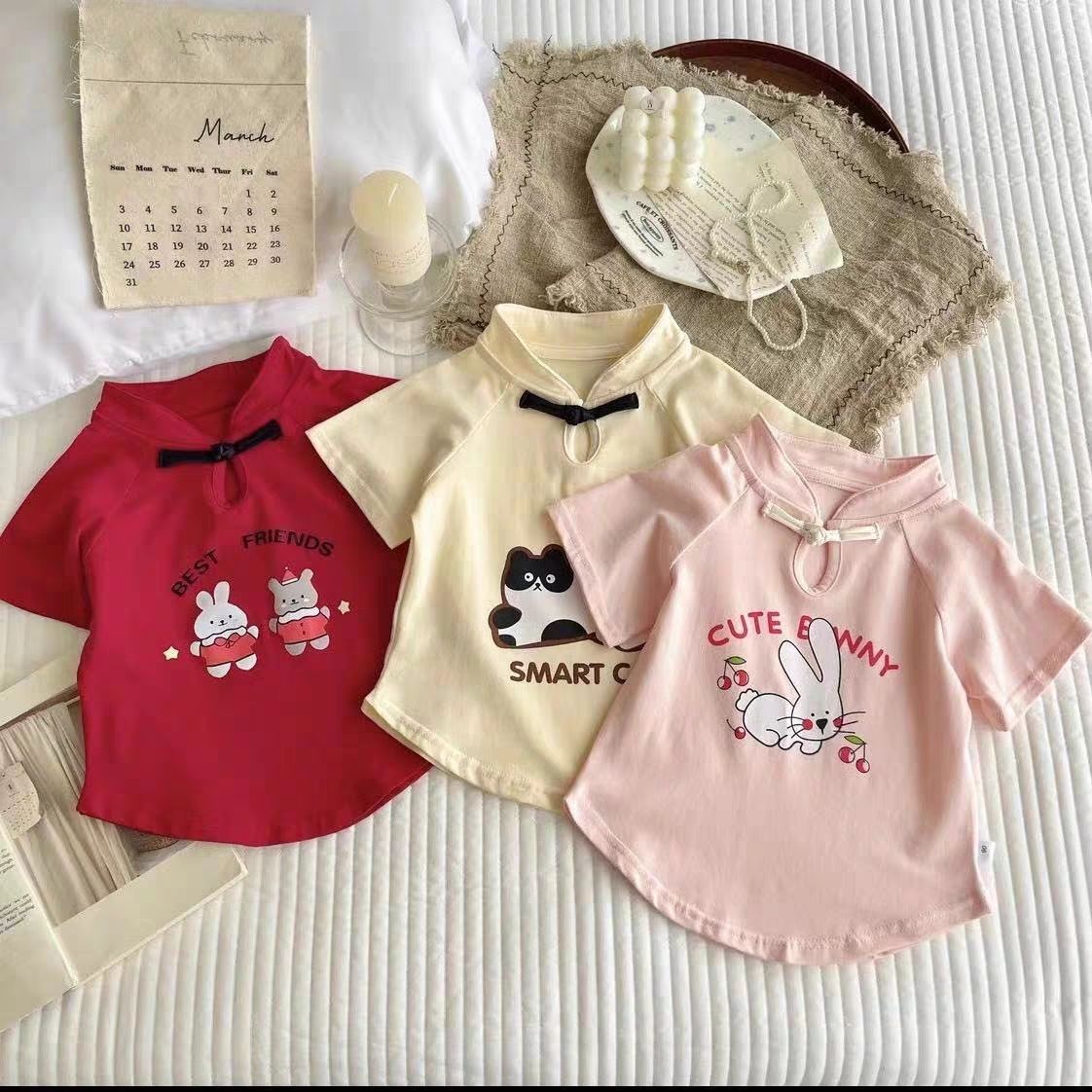 【512287一05】女童纯棉新中式长袖T恤春秋打底衫中小童复古卡通