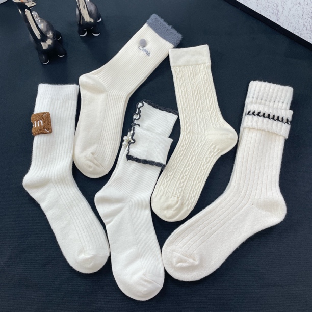 A88女款秋冬米白色中筒堆堆袜百搭韩系A级母婴纯棉袜子抗菌防臭