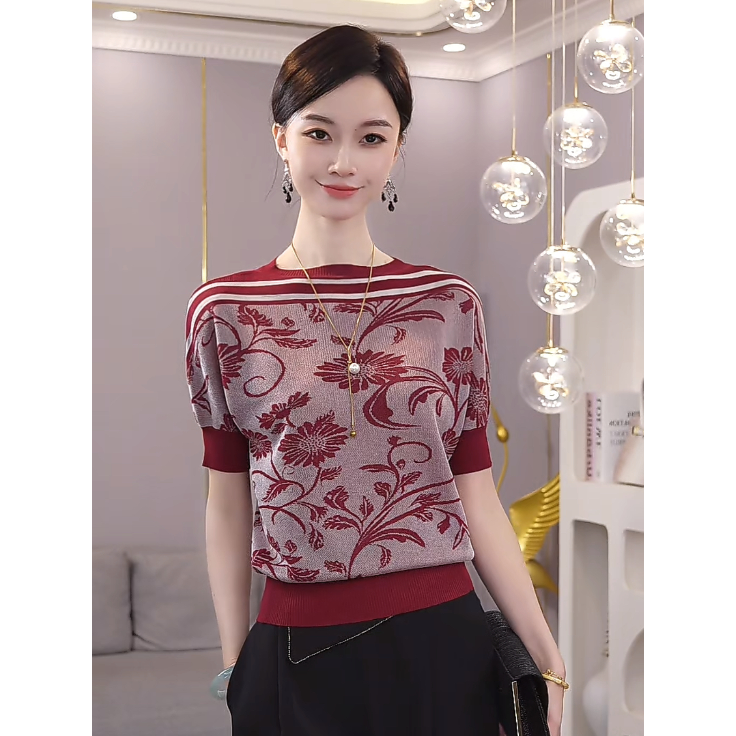 唐熹预售2025夏新款【5662】时尚休闲设计感曲珠冰麻红色针织小衫