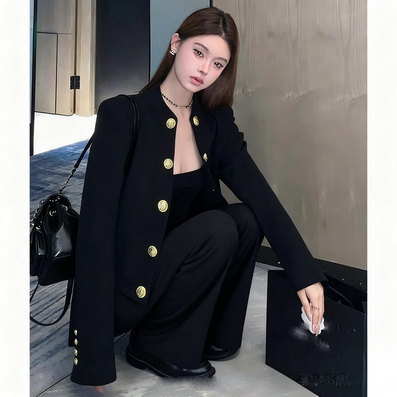 【沐紫】【两件套】【有里布】圆领显瘦西装外套女短款开衫+长裤TX0101