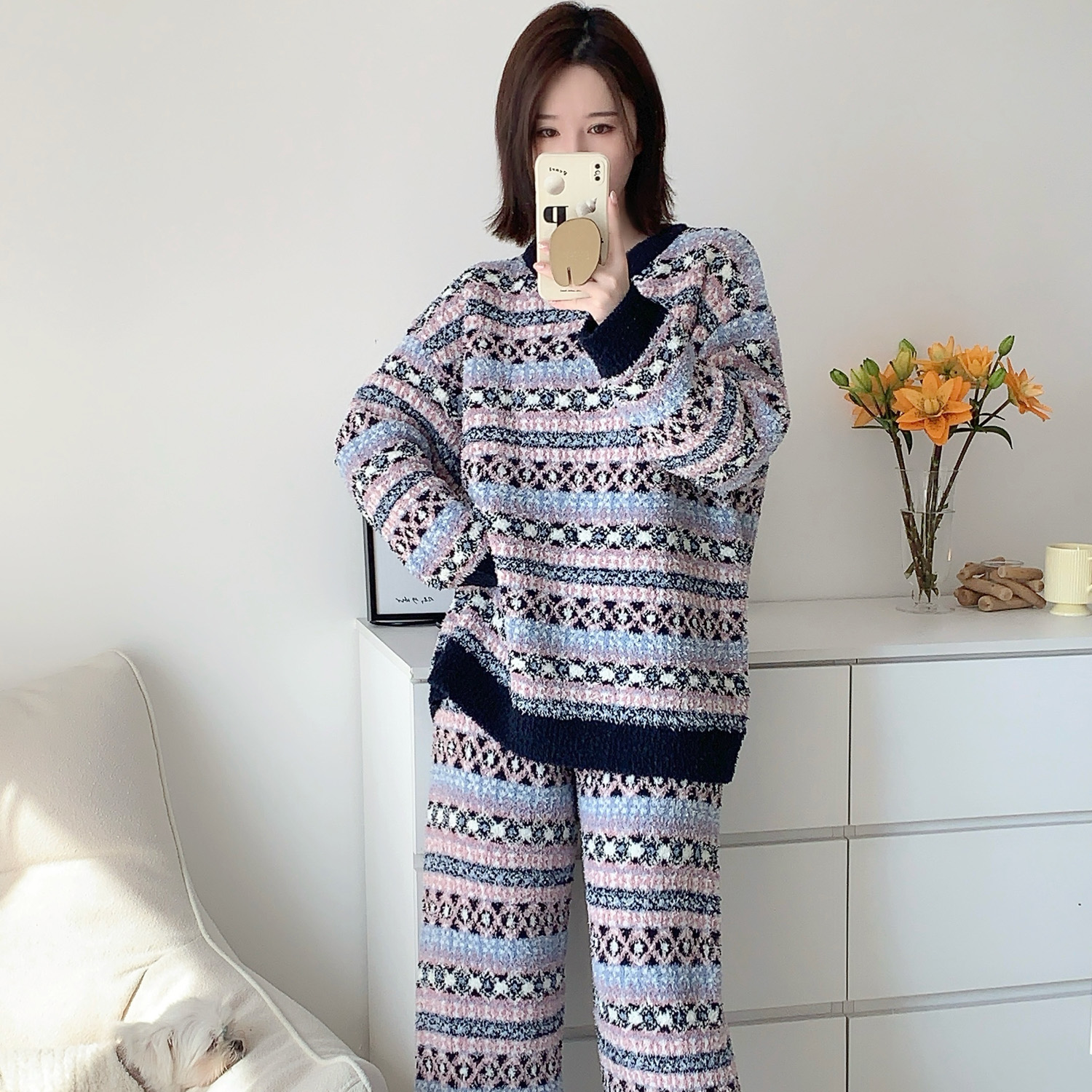 PINK WEO费尔岛半边绒睡衣女秋冬加厚保暖软绵绵家居服套装可外穿