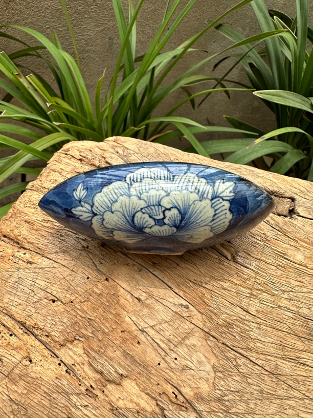 【近山古美】蓝底牡丹茶则高温手绘釉下青花瓷