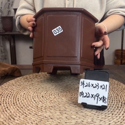 紫砂花盆精品紫泥奎面直角六方035