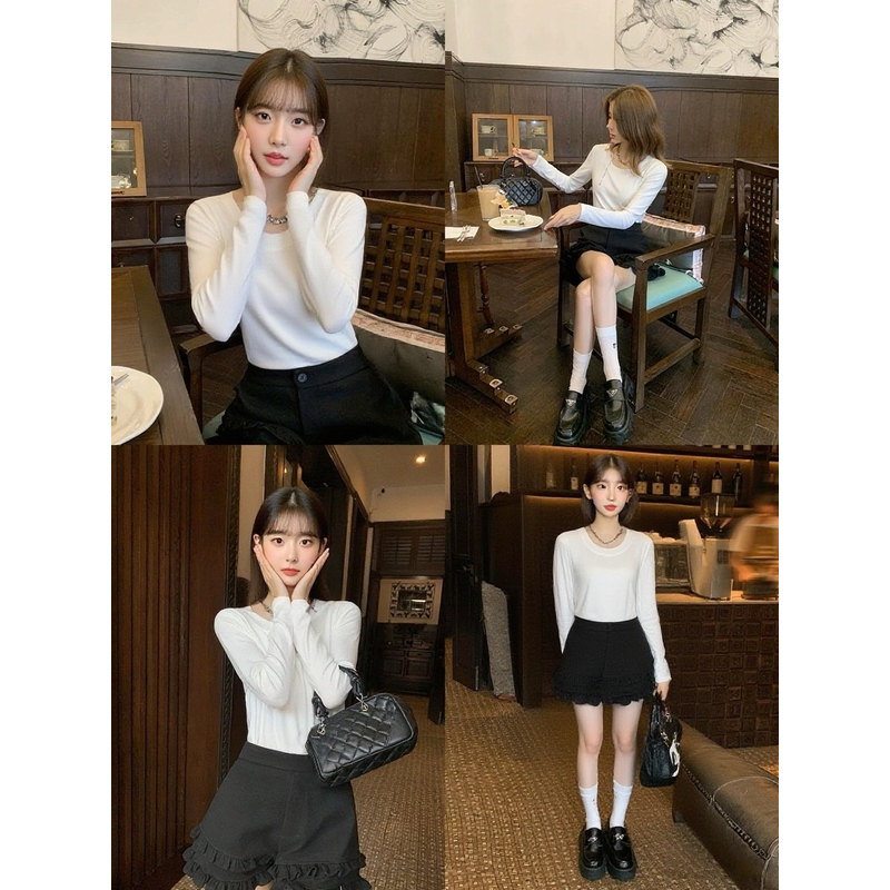 XIAO SISTERS/A193秋款上新正肩u领长袖打底衫薄款显瘦修身上衣