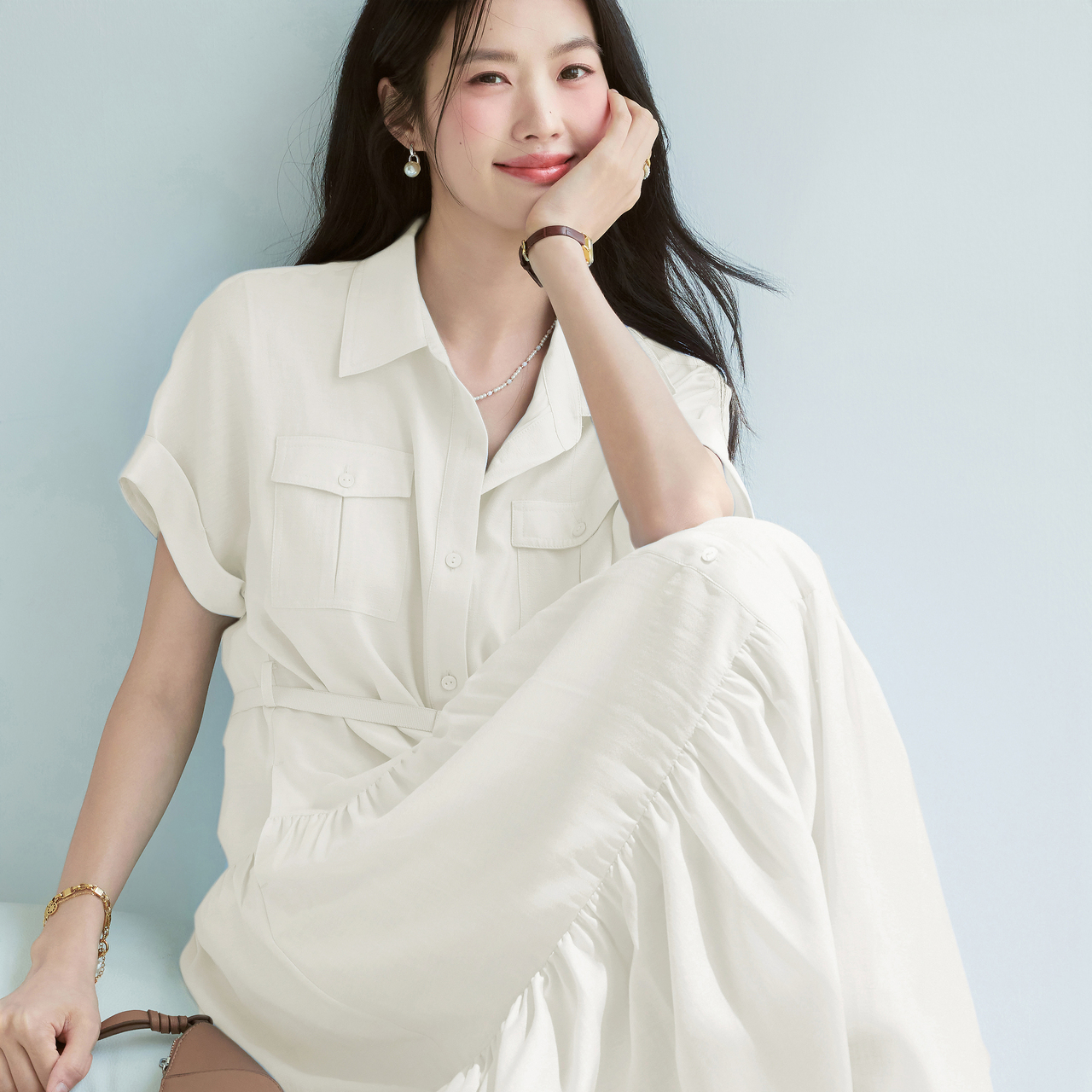 伊芙丽醋酸腰带收腰蛋糕A摆通勤衬衫式连衣裙女2025夏装1G5993351