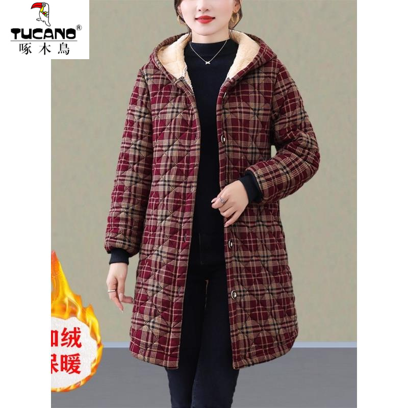 啄木鸟妈妈冬装外套加绒加厚袄中长款中老年女装服连帽奶奶保