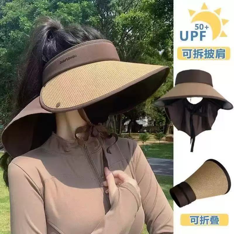 大帽檐防晒帽草编空顶遮阳帽防紫外线护颈夏天防晒