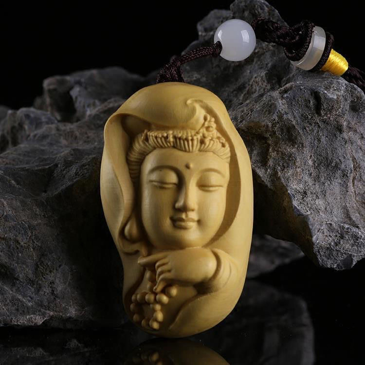 小叶黄杨木观音牌木雕实木南海观世音菩萨吊坠车挂钥匙扣保佑平安