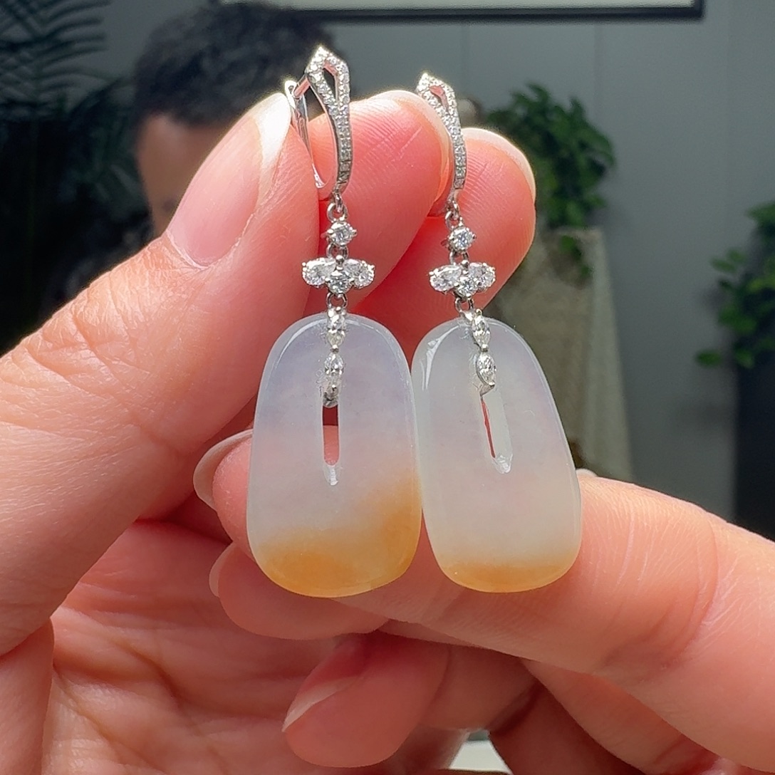 翡翠18K金镶嵌耳饰天然