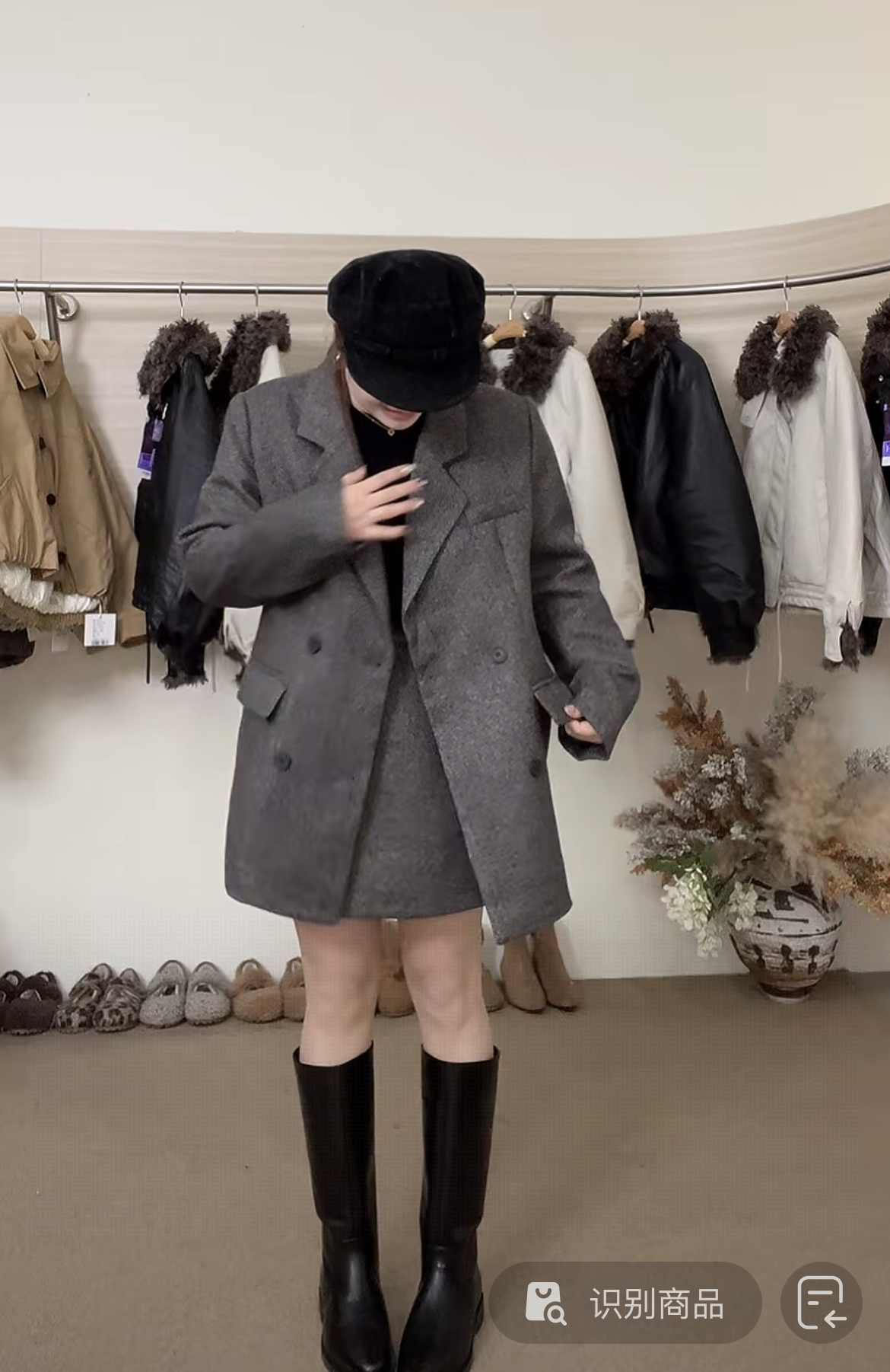 灰灰呀！2666 韩代设计双排扣毛呢羽绒服西装+一片式半身裙裤套装