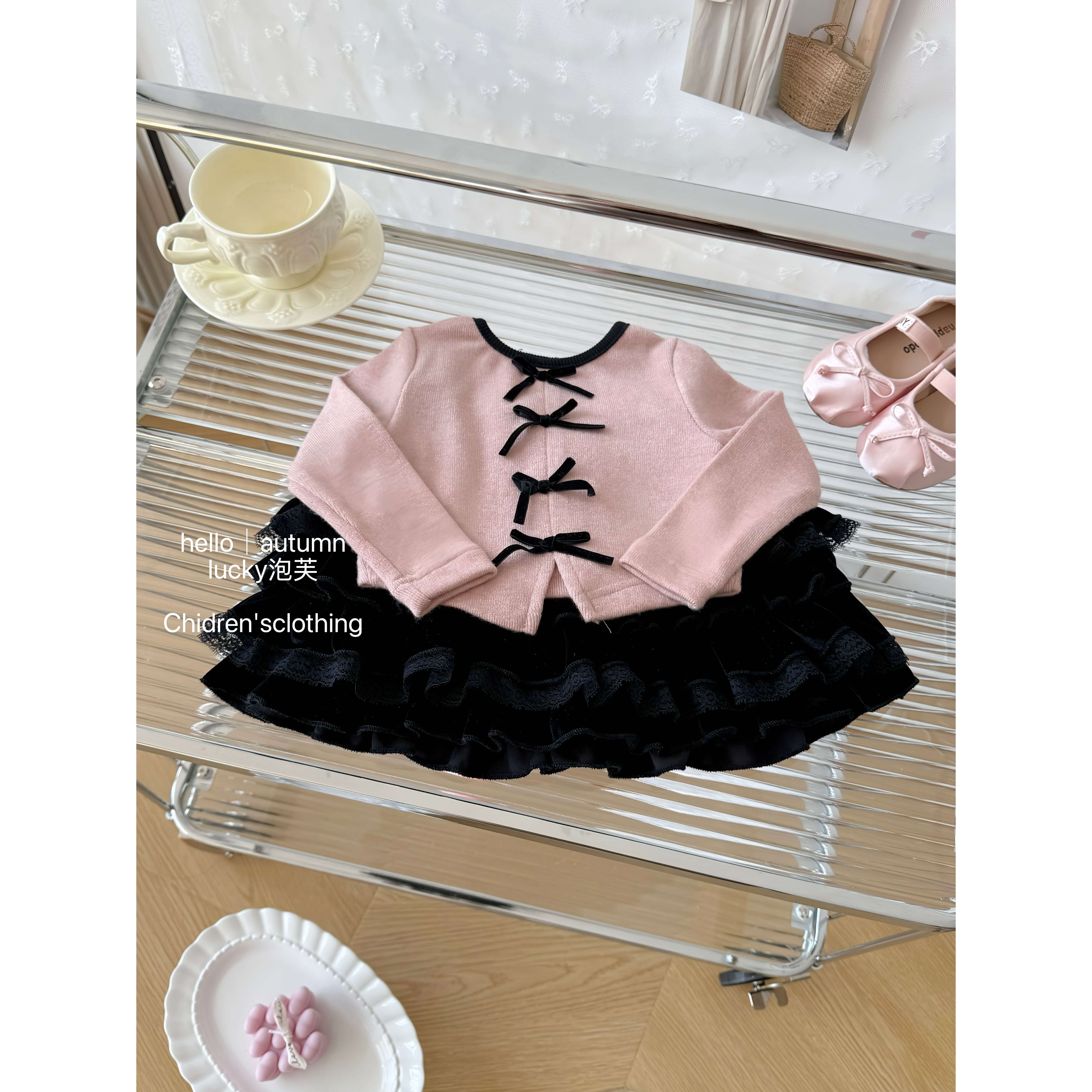 【lucky泡芙】甜妹专属！女童时髦小香蝴蝶结上衣女宝秋冬蛋糕裙套装