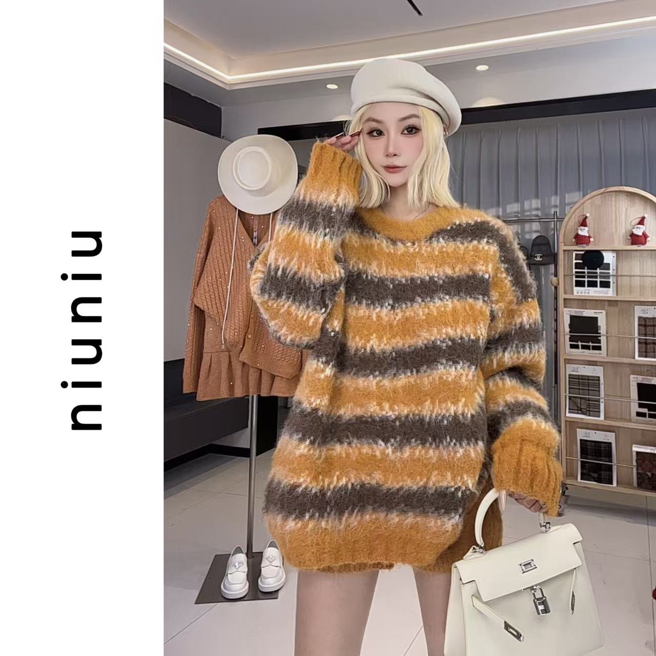 niuniu妞妞「橙咖条纹套头毛衣」时尚百搭领扣加厚套装毛衣气质