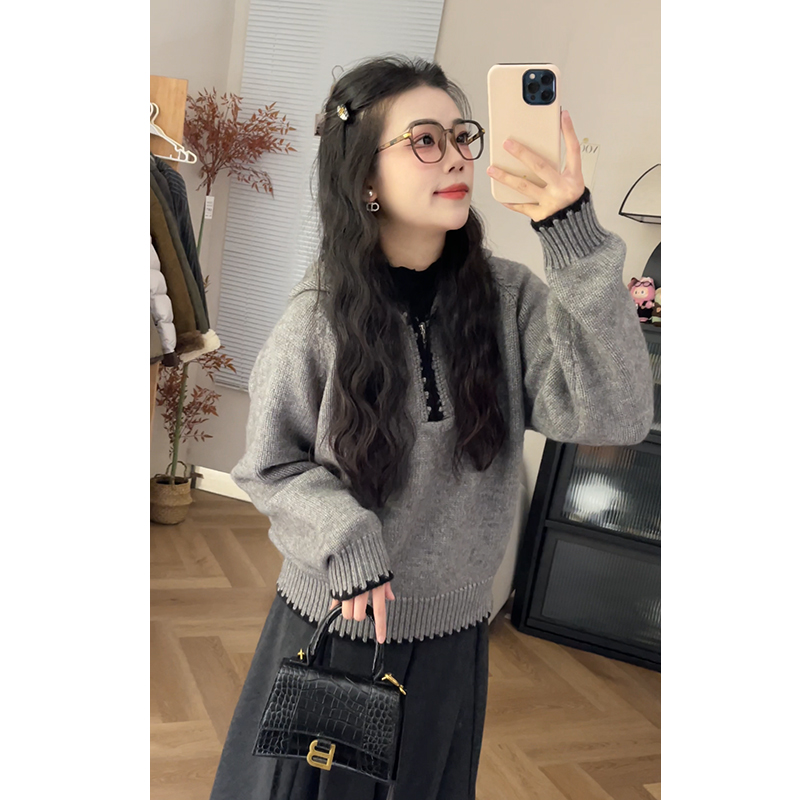 ER.XIN-’午茶小调‘-冬季针织连帽半拉链套头毛衣 边线撞色设计