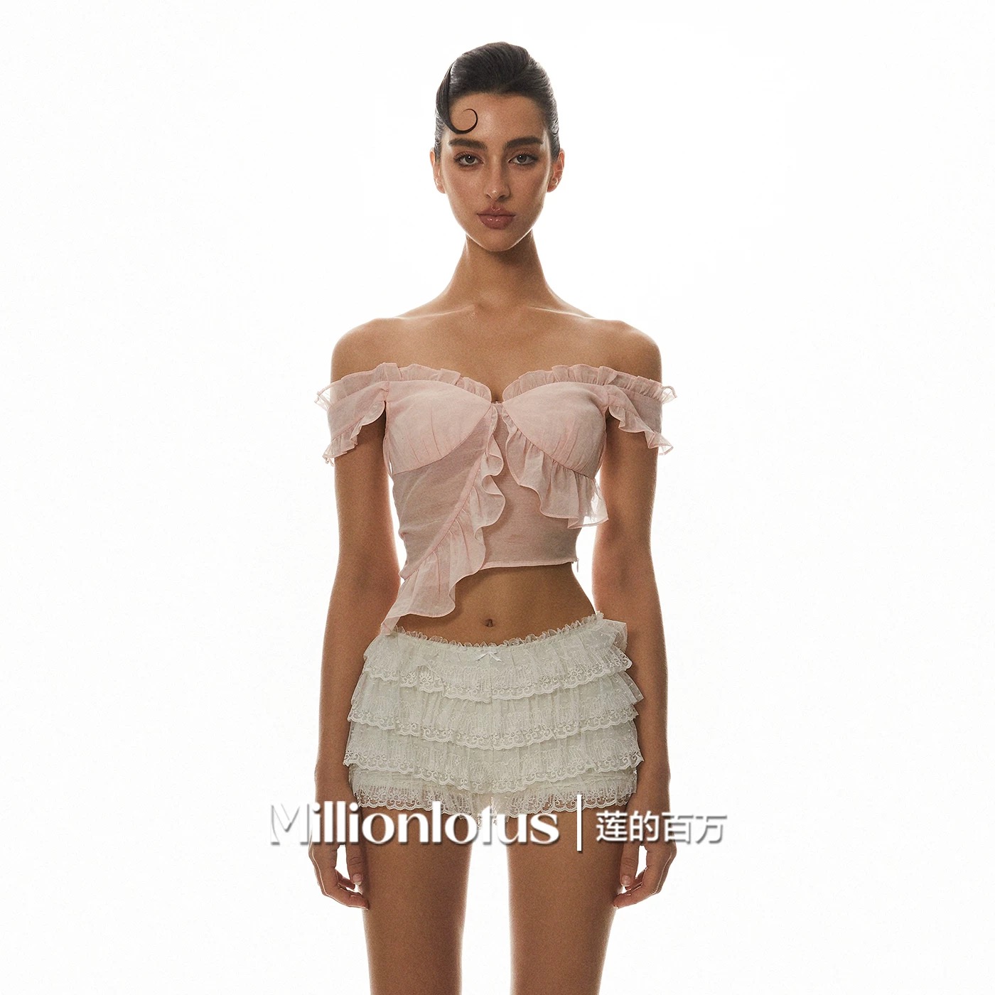 莲的百万 纯欲浪漫荷叶花边粉色上衣套装