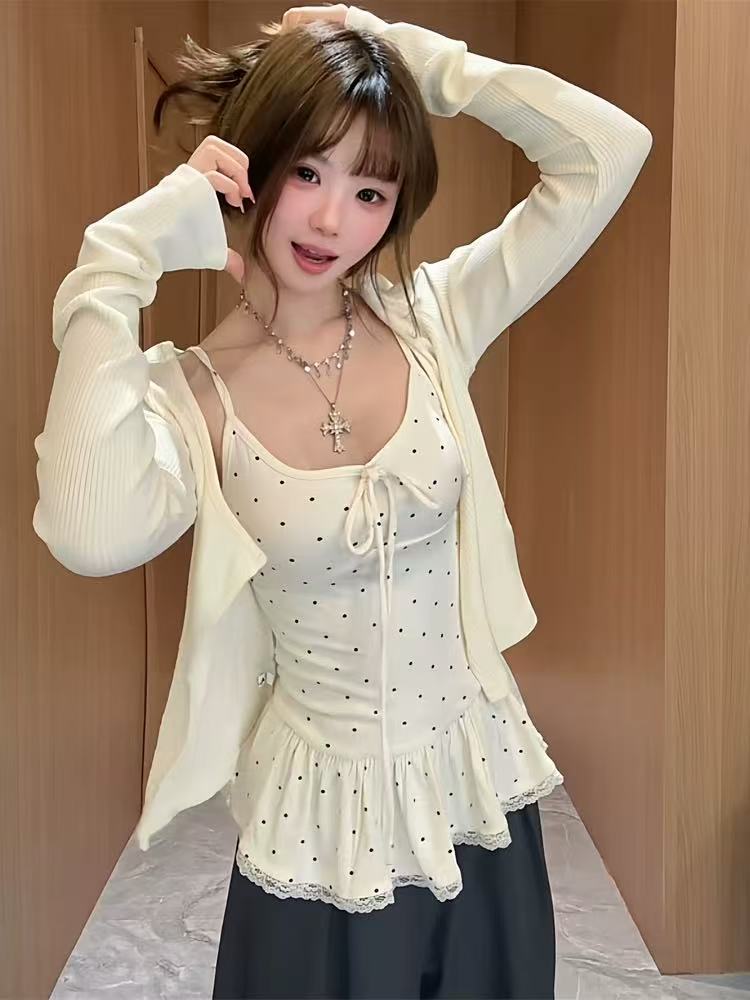 大码胖mm早秋甜辣蕾丝波点荷叶边吊带背心女长袖开衫上衣两件套装