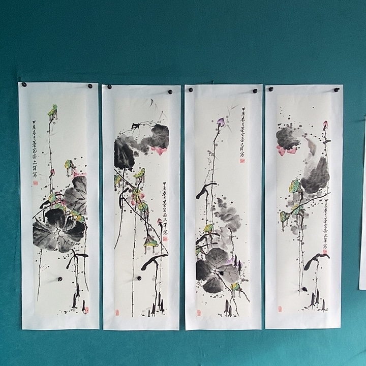 国画三尺对开手绘四条屏